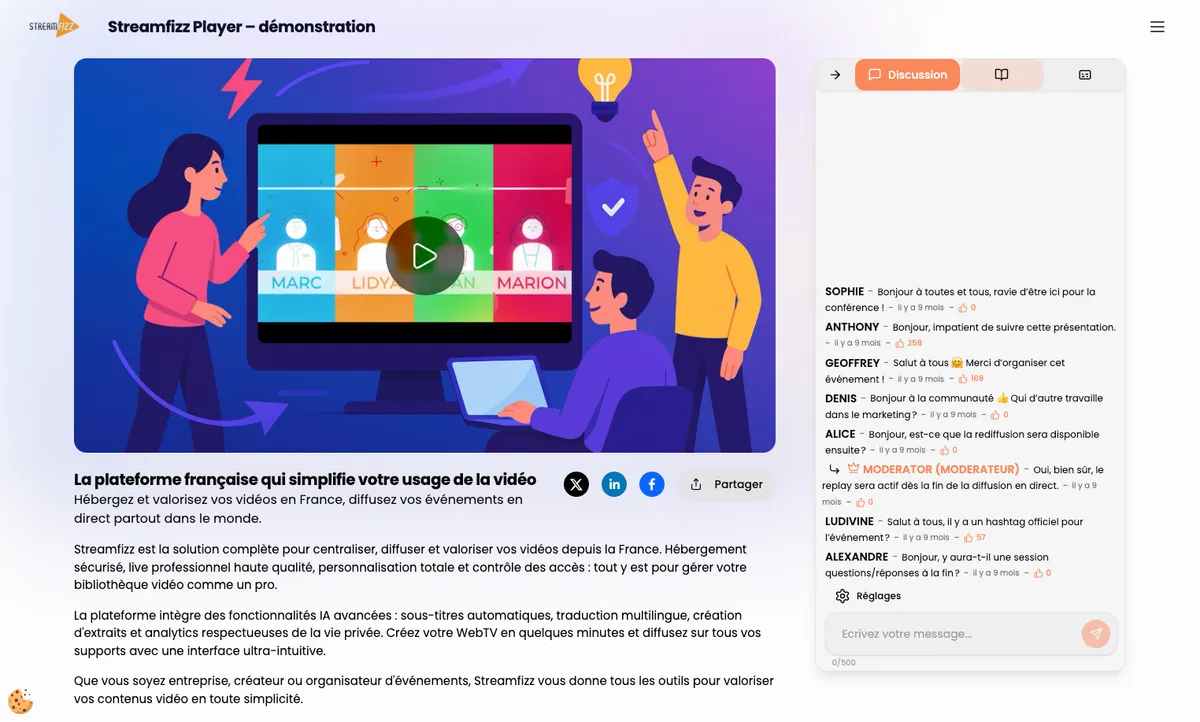 Page de diffusion sur mesure Streamfizz avec player vidéo, playlist et partage sur réseaux sociaux