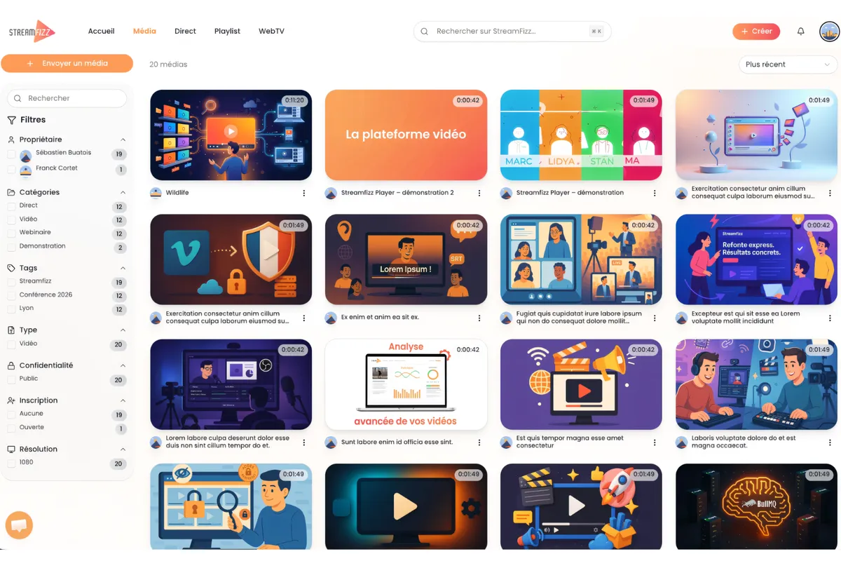 Interface de la plateforme vidéo Streamfizz avec médiathèque, filtres et gestion de contenus vidéo d'entreprise