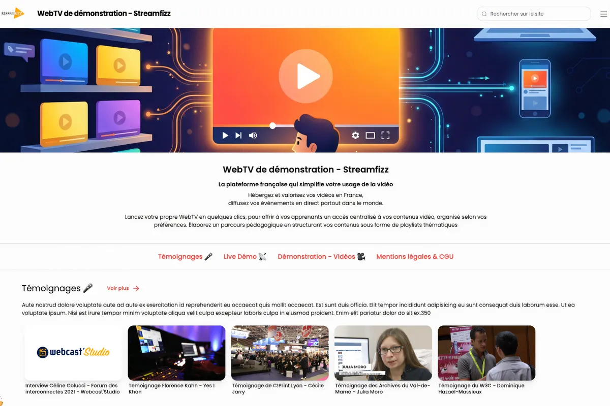 Interface de la plateforme WebTV Streamfizz avec player vidéo, témoignages et contenus événementiels